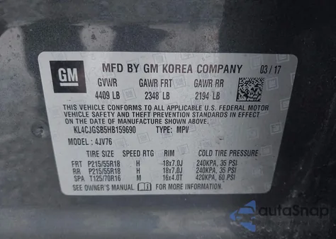 2017 Buick Encore Essence из США, поврежденный, VIN KL4CJGSB5HB159690